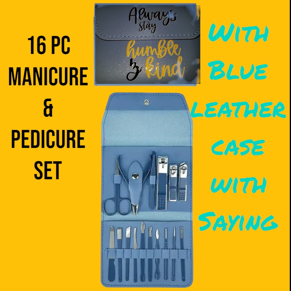 16-Piece Manicure & Pedicure Set with Blue Leather Case With Saying